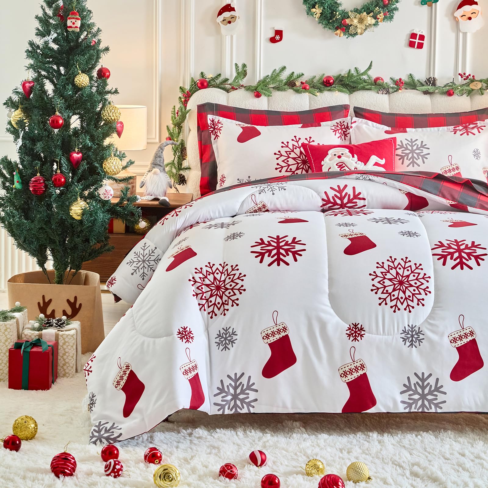Photo 1 of ***MISSING PARTS***
Christmas Comforter Set Queen Size Red Gray Snowflake Socks 3 Pieces Holiday Bedding Set Reversible Red Plaid Gingham Style Soft Microfiber Bedding Set for New Year