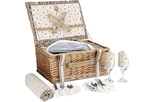 G GOOD GAIN Willow Picnic Basket Set for 2 Persons with Large Insulated Cooler Bag and Waterproof Picnic Blanket, Wicker Picnic Hamper for Camping,Outdoor,Birthday