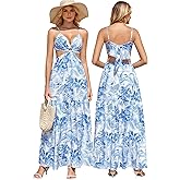 KUTUMAI Floral Maxi Sundress V Neck Cut Out Boho Beach Party Long Dress Bow Tie Flowy Dresses for Women Summer 2026