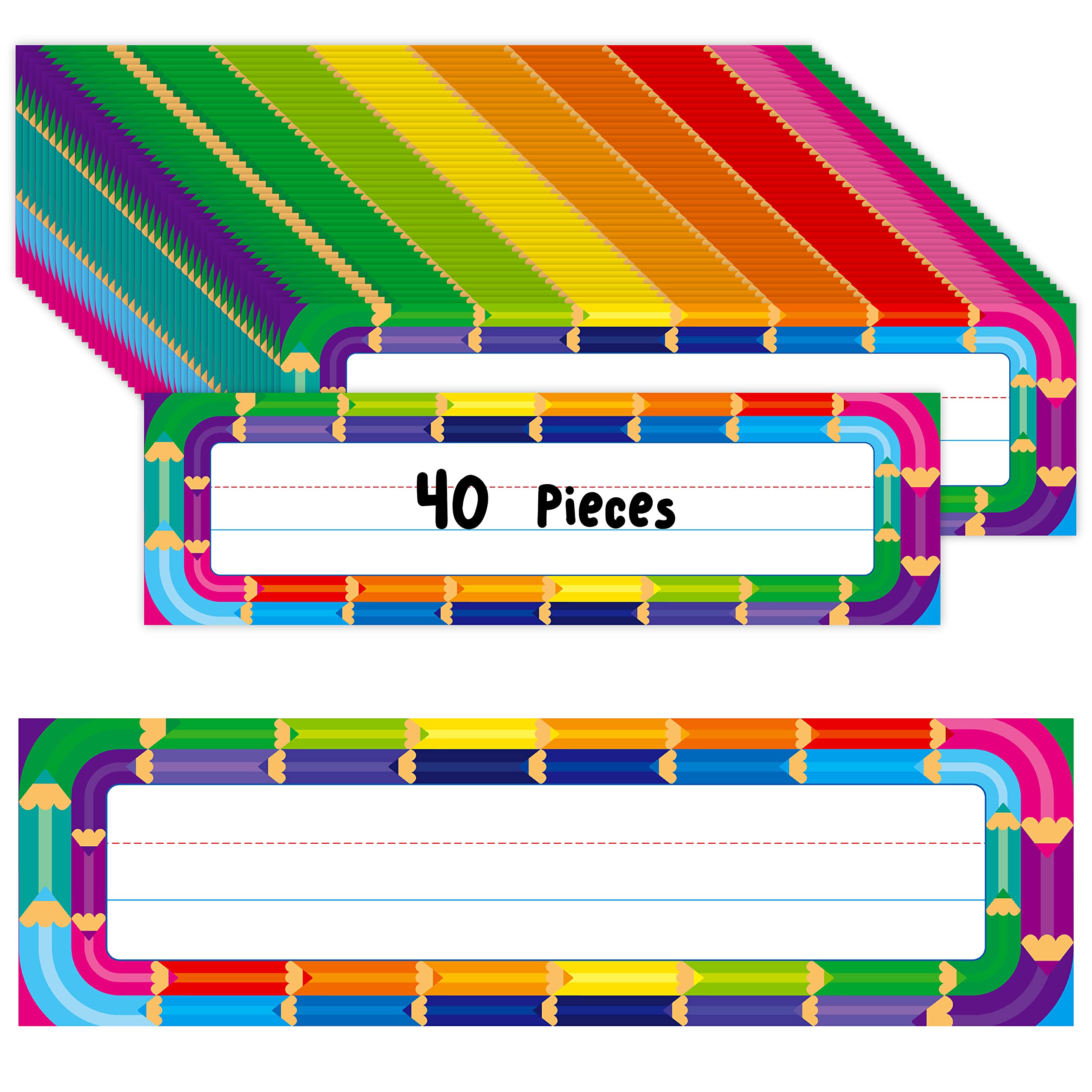 40PCS Desk Nameplates, Double Sided PET Film Desk Name Tags Erasable & Reusable Traditional Manuscript Name Plate Colorful Decoration for Student School Classroom Organization (10” x 2.8”)