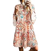 SELINK Womens Long Sleeve Dresses Casual V Neck Tribal Print Button Flowy Boho Mini Beach Dress