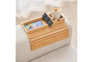GEHE Bamboo Couch Cup Holder, Anti-Spill Sofa Arm Tray, Natural and Easy to Clean Couch Arm Cup Holder Armrest Tray Perfect for Cups, Beers, Snacks, Remote Control, Drinks