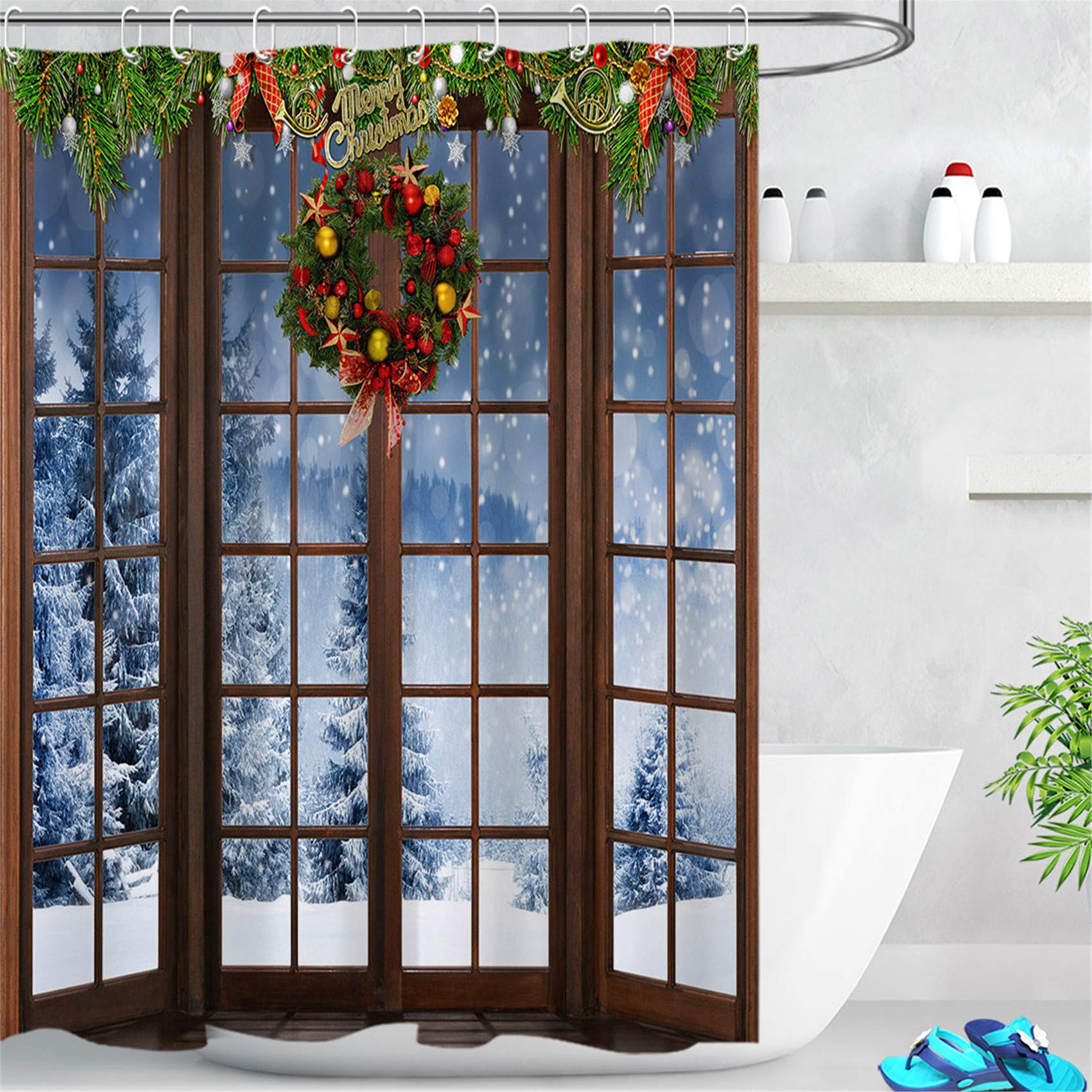LB Winter Snow Forest Shower Curtain Wooden Window Merry Christmas Polyester Anti Mould Waterproof Bathroom Curtains with Hooks,71x78 inches — image 1