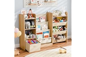 IKALIFE Kids Toy Book Storage Organizer - Large Bookshelf with 7 Removable Bins, Baby Bookshelf and Toy Storage, 4-Tier Book Shelf for Kids Room, Playroom, Classroom, 51 inch, Burlywood