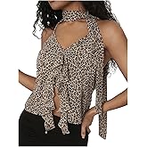 SHENHE Women's Leopard Print Halter Crop Top Y2K Print Ruffle Slim Fitted Asymmetrical T Shirts