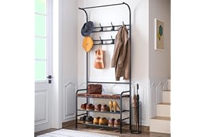 Alkmaar Entryway Bench with Coat Rack, Retro Brown, Made of Engineered Wood, 23.5" L x 11.8" W x 70.7" H