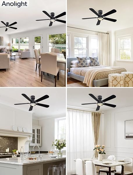 ANOLIGHT 52 INCH CEILING FAN WITH LIGHT, FLUSH MOUNT LOW PROFILE, REMOTE & APP CONTROL, QUIET 6-SPEED REVERSIBLE MOTOR, DIMMABLE LED WITH 3CCT, CEILING FAN FOR BEDROOM, LIVING ROOM, APARTMENT, BLACK