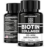 New Elements 9X Hair Skin and Nails Vitamins – Biotin 10 000 mcg with Horsetail Supplement, Collagen, Keratin, Niacin, MSM, D3, Saw Palmetto, Pumpkin Seed Oil | Supports Hair Growth for Men & Women