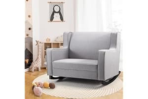 Esright Nursey Rocking Chair, Extra Wide Wingback Tufted Upholstered Chair, Baby Rocker for Nursery Comfortable Relax Glider Chair and A Half, Light Grey