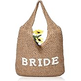 Locmeo Bride Handwoven Straw Bag for Women Boho Beach Shoulder Tote Bag Bride Summer Rhinestone Letters Tote for Women Wedding Bridal Shower Bachelorette Gift