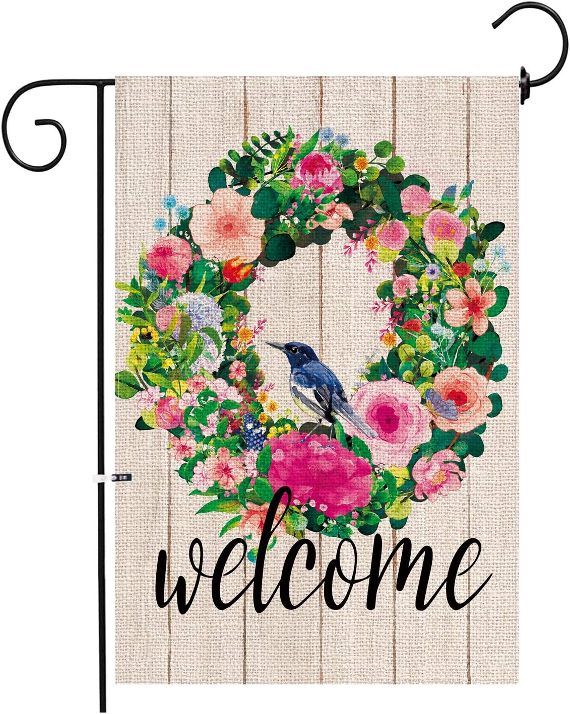Hexagram Welcome Flower Wreath Spring Garden Flag,Yard Burlap Welcome Garden Flag Double Sided,Spring and Summer Rustic Garden Decoration Sign,Small Garden Flags 12x18 Prime