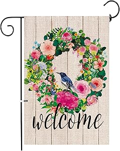 Hexagram Welcome Flower Wreath Spring Garden Flag,Yard Burlap Welcome Garden Flag Double Sided,Spring and Summer Rustic Garden Decoration Sign,Small Garden Flags 12x18 Prime