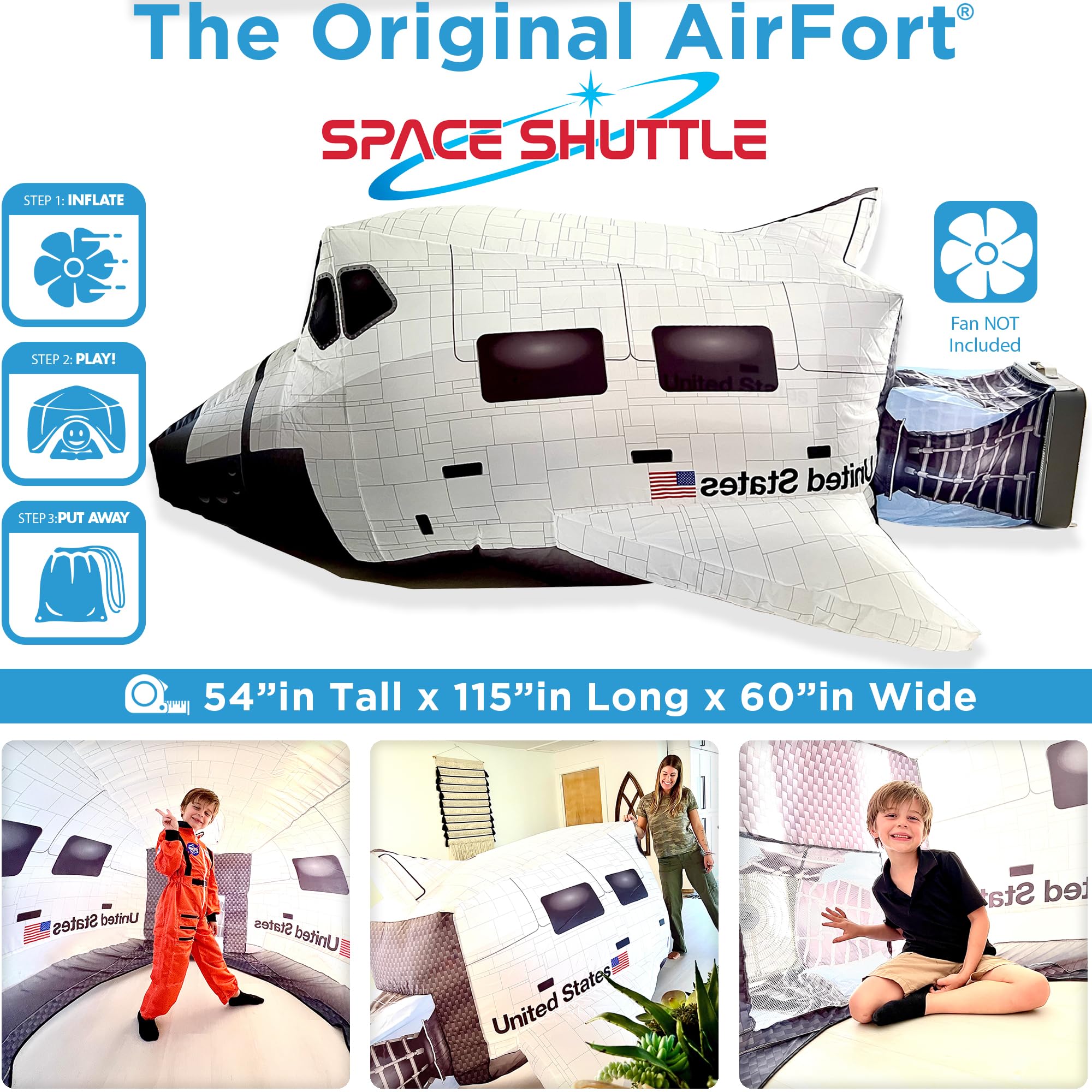 The Original Patented AirFort - Build A Fort in 30 Seconds, Inflatable Fort for Kids, Play Tent for 3-14 Years, A Playhouse Where Imagination Runs Wild, Fan not Included (Space Shuttle)