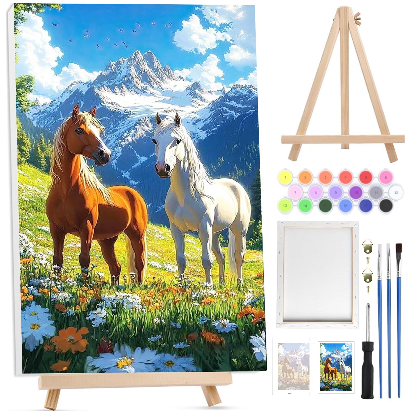 Bowetile Paint by Numbers for Adults with Framed Canvas&Wooden Easel, Animals Painting by Numbers Kit for Adults Beginners Canvas Kit, DIY Color Oil Painting Acrylic Paints Home Wall Decor 20x30cm