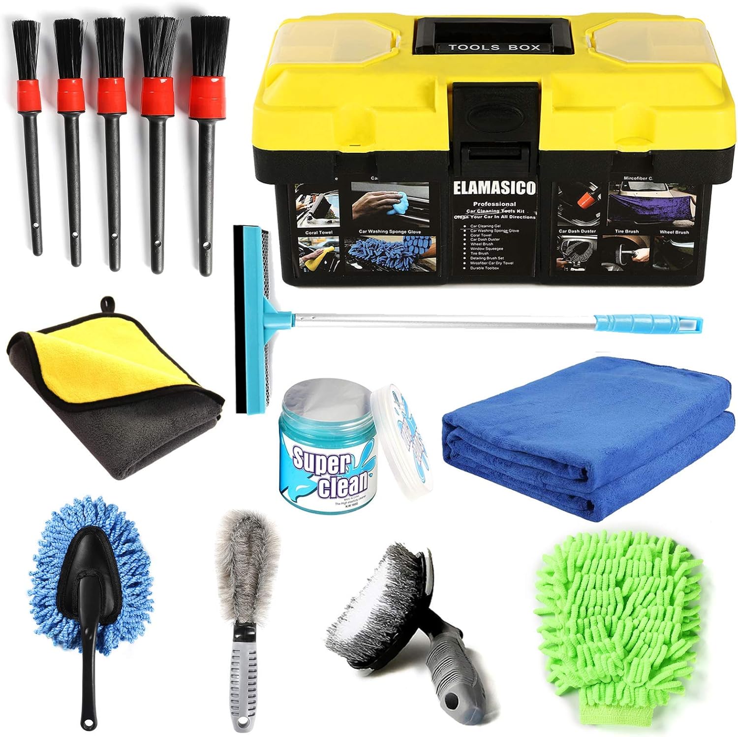 14 Pcs Car Wash Kit,ELAMSICO Car Cleaning Kit Interior and Exterior,Car Accessories-Detailing Brush,Cleaning Gel,Microfiber Cleaning Cloth,Car Wash Mitt,Duster, Squeegee,Tire Brush-Sturdy Storage Box: Automotive