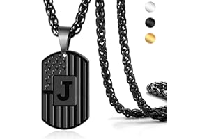DuoDiner Stocking Stuffers Christmas Gift-Initial Necklace Gifts for Men Boys Kids,A-Z Capital Letter American Flag Dog Tag Necklaces 24 Inches Stainless Steel Mens Jewelry Gift