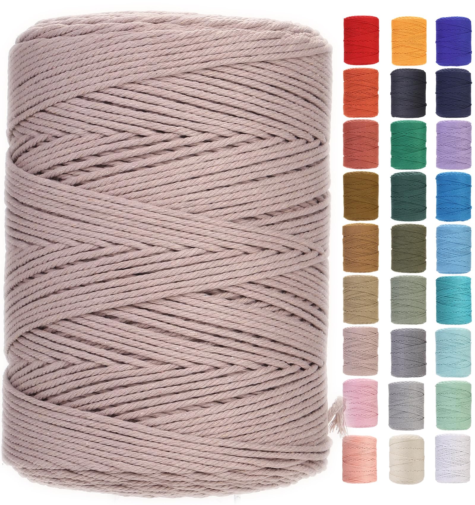 GOHOF Premium Cotton Macrame Rope, 3mm x 450m, 4 Strand Twisted, Warm Gray — image 1