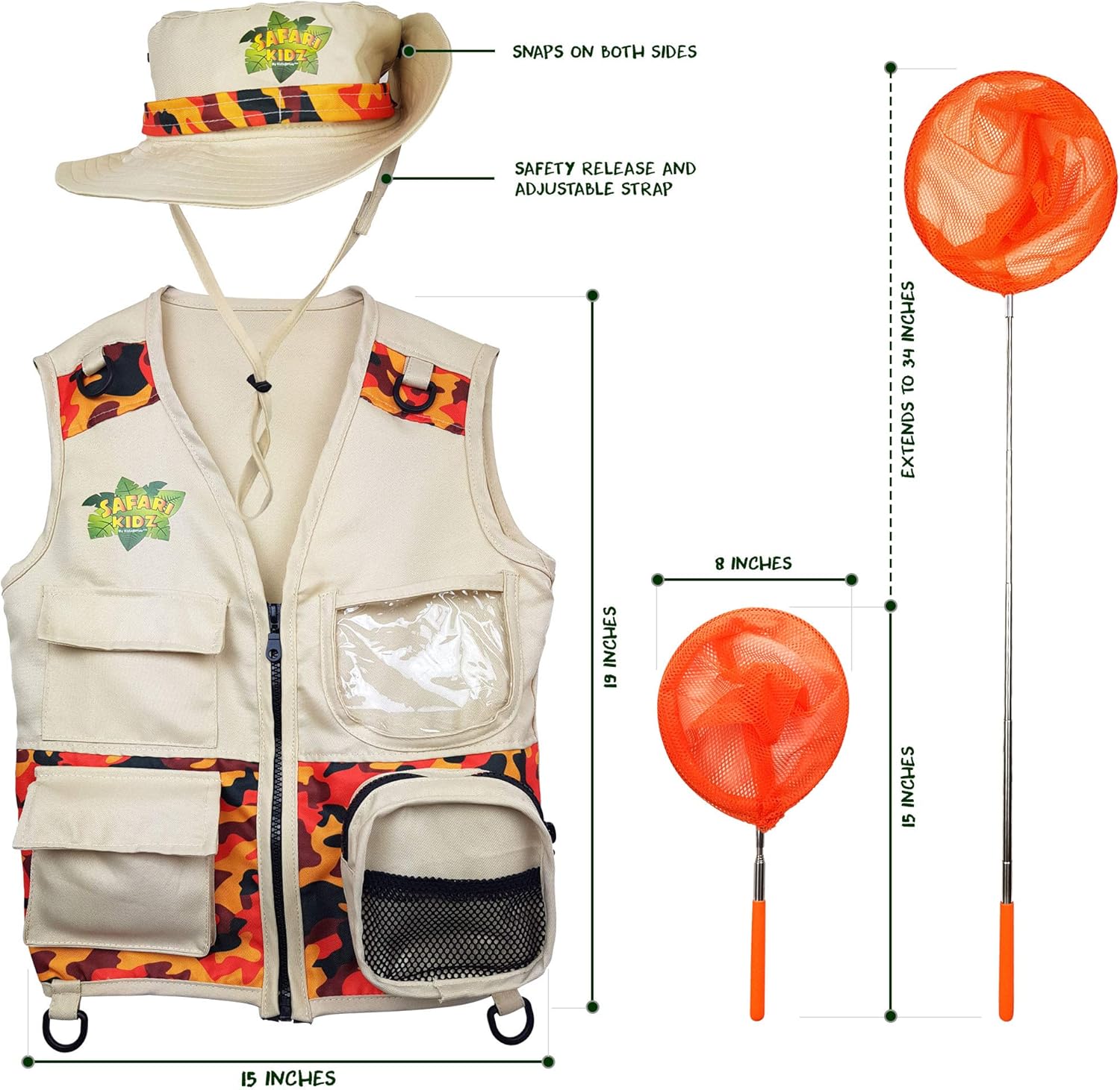 Safari Kidz Outdoor Adventure Set - Perfect Safari, Critter Hunting, Exploration Costume with Vest, Hat, Binoculars, Bug Net and Container, Whistle, Flashlight, Magnifying Glass: Clothing