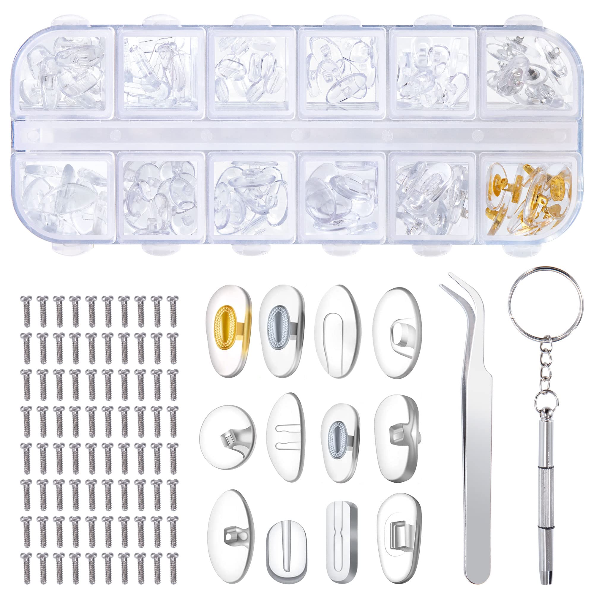 Nose Pads and Repair Kit for Eyeglasses with 80 Screws, Tweezers and Small Screwdriver, 12 Styles, 60 Pairs