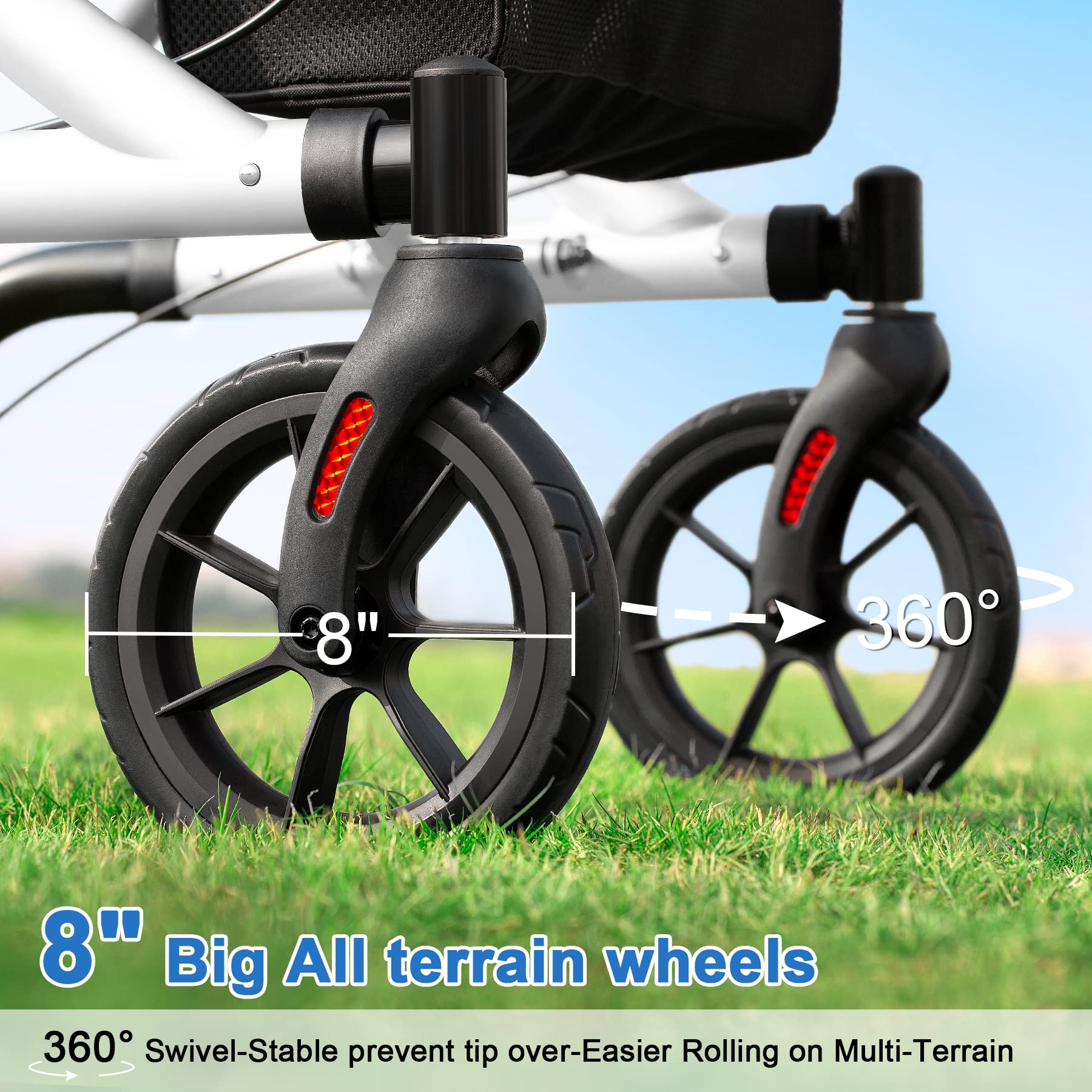 WALK MATE Rollator Walker for Seniors with Cup Holder, Upgraded Thumb Press Button for Height Adjustment, 4 x 8 Wheels Walker with Seat Padded Backrest Folding Lightweight Walking Aid, White