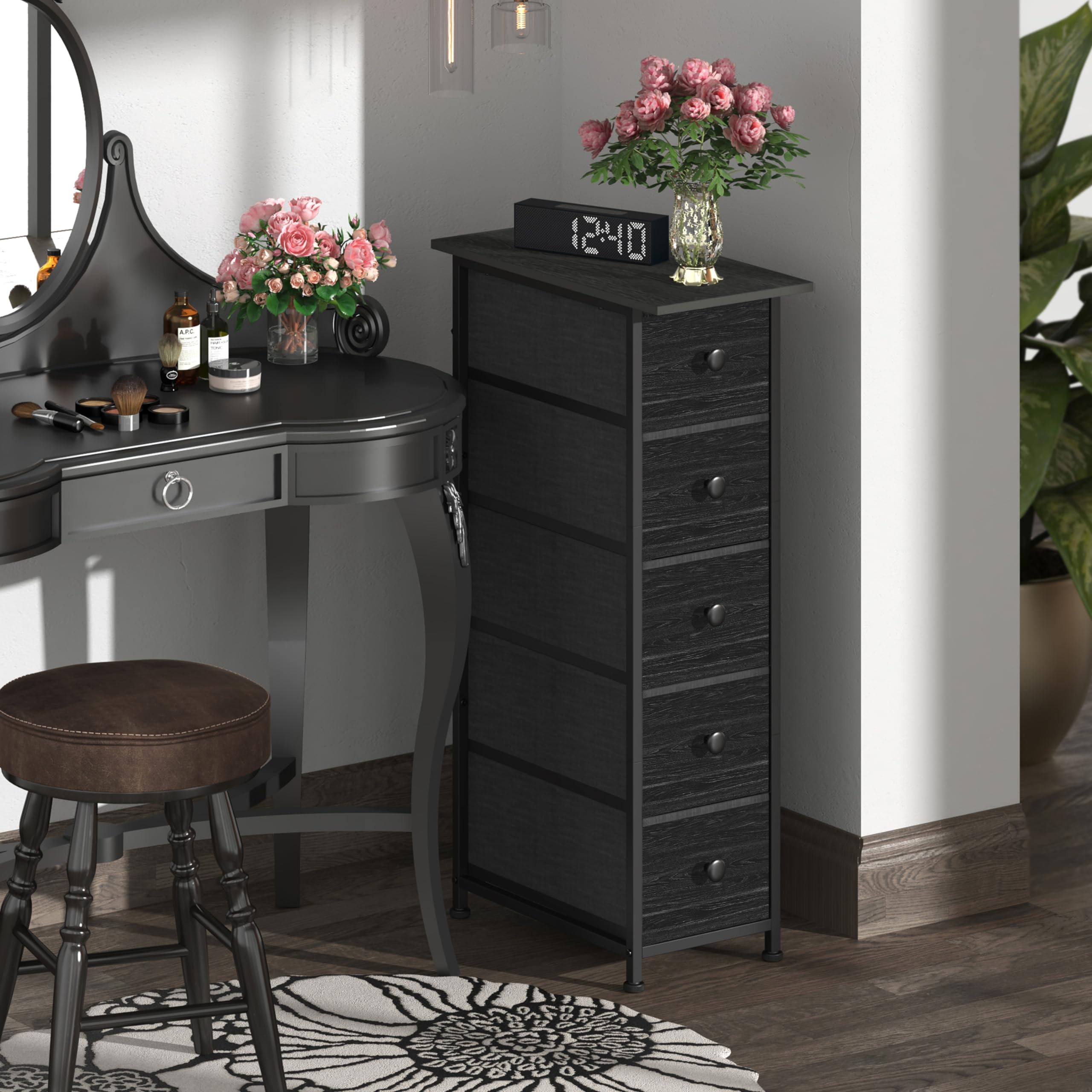 Photo 1 of GiftGo Narrow Dresser Vertical Slim Dresser Chest of Drawers Skinny Storage Tower for Small Spaces Gaps Closet Bedroom Bathroom Small Fabric Drawer Unit (Charcoal Black, 5 Drawers)