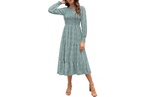Zattcas Womens Fall Dresses 2025 Casual Long Sleeve Smocked Boho Floral Tiered Midi Wedding Guest Dress with Pockets