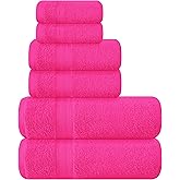 BOUTIQUO 6 Pack Cotton Towel Set, Contains 2 Bath Towels 27x54 inch, 2 Hand Towels 16x24 inch & 2 Wash Coths 12x12 inch, Ideal Everyday use, Ultra Soft Compact & Lightweight - Hot Pink