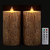 CozierGlow Brown Bark Wax Flameless Pillar Candles with Remote Timer, 3D Moving Flame Led Candles up to 400 Hours with 2AA Batteries, Set of 2(3''x6''), Remote Included (Brown).