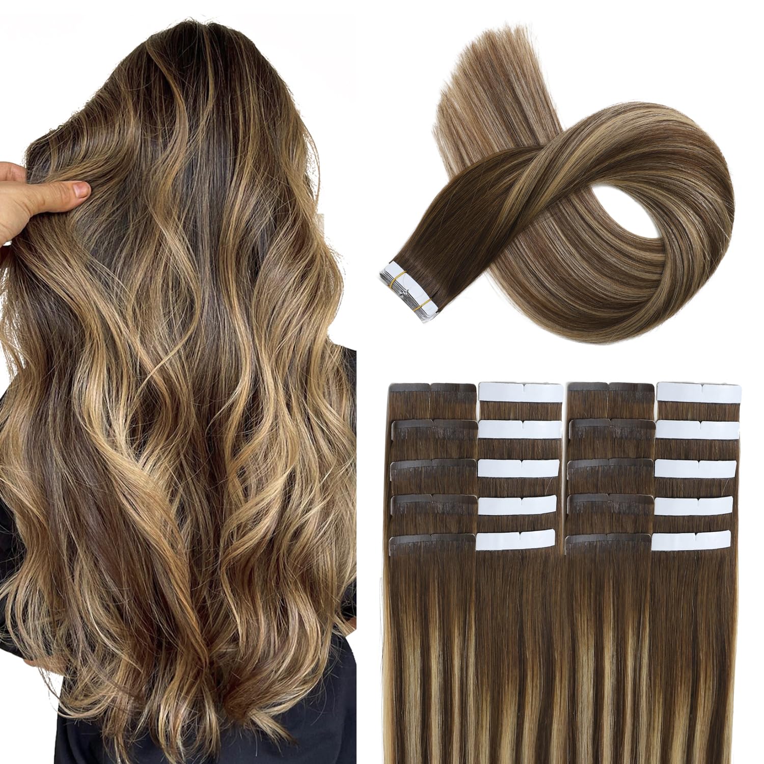XDhair Tape in Hair Extensions 50g 20Pcs 22Inch Straight Ash Brown to Balayage Chocolate Brown to Caramel Blonde Tape in Real Human Hair Extensions for Women(#4/27/4,22Inch)