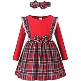 HIGHUZZA Toddler Girls Dress with Headwear: Cotton Long Sleeve Ruffle Plaid Dresses for Winter Christmas Party Gift 2-8T