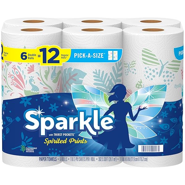 SPARKLE PICK-A-SIZE PAPER TOWELS, SPIRITED PRINTS, 6 DOUBLE ROLLS = 12 REGULAR ROLLS, EVERYDAY VALUE PAPER TOWEL WITH FULL AND HALF SHEETS