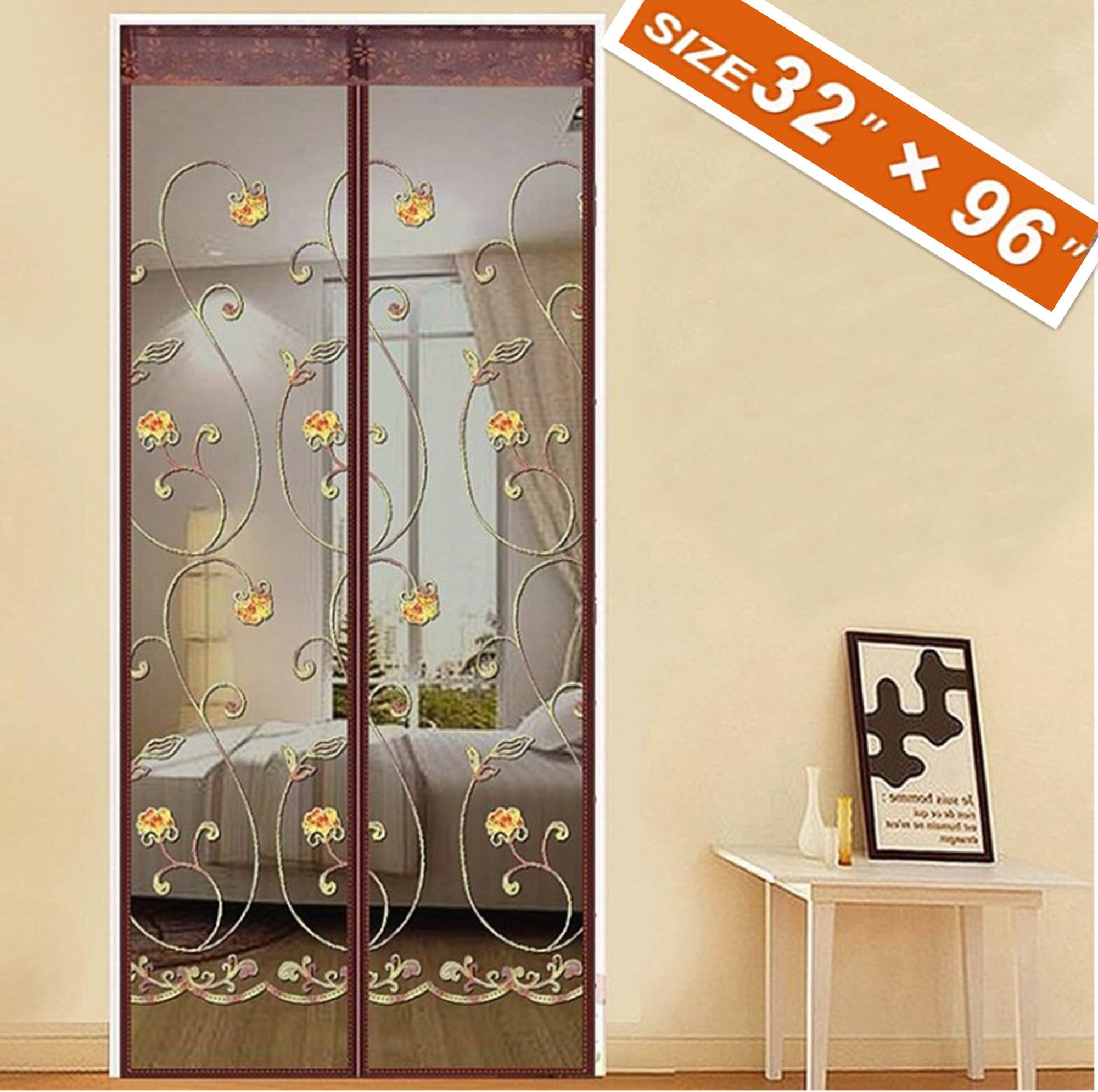Spritech [Embroider Flower Style] Magnet Screen Door,Fiber Screen 32 X 96 Fit Doors Size Up to 30”W X 95”H Max with Full Frame Magic Screen Mosquito Mesh Keep Fly Bug Out
