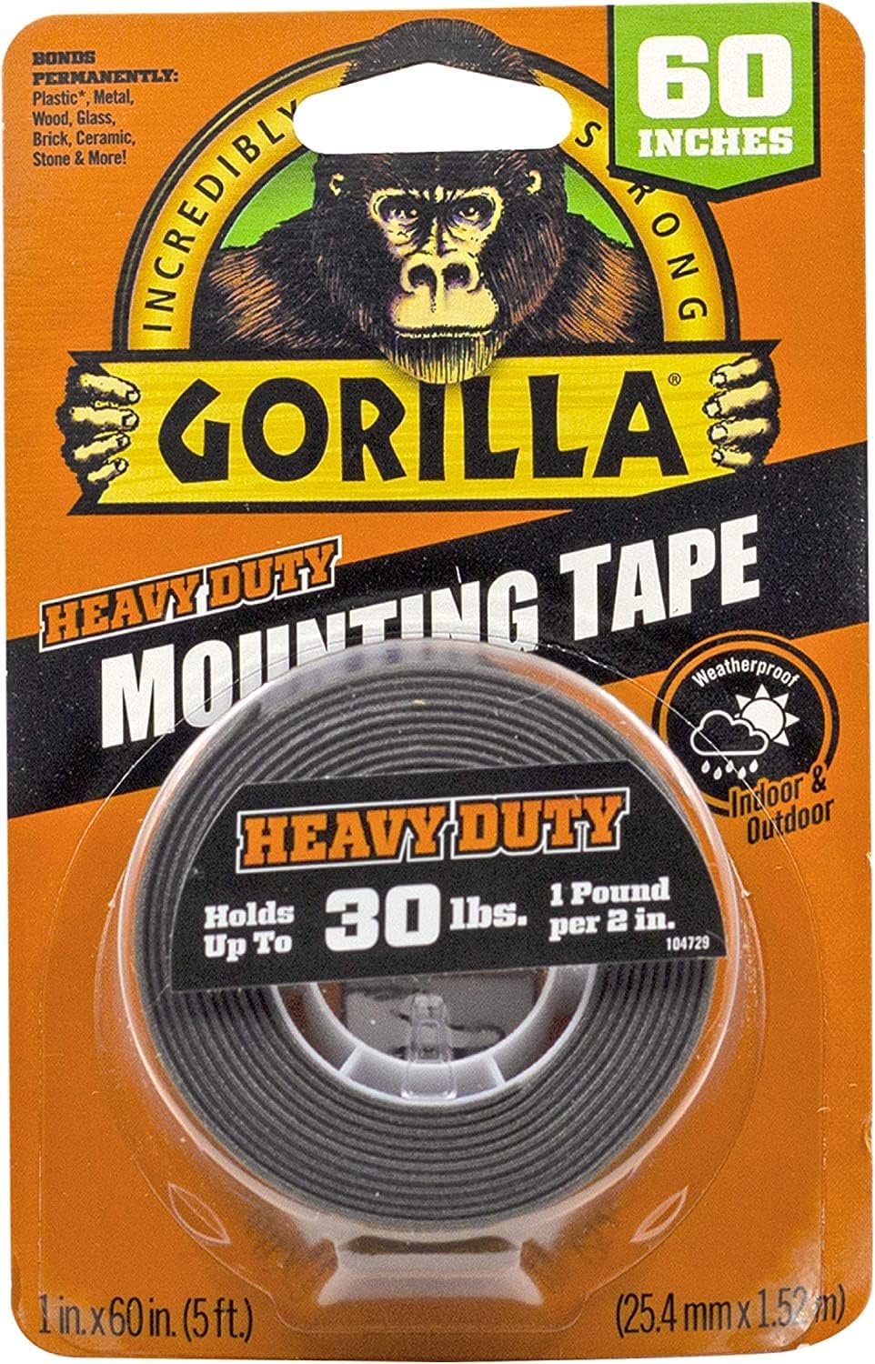 Gorilla Heavy Duty Double Sided Mounting Tape 1" x 60" Black Weatherproof