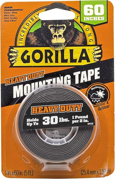 Gorilla Heavy Duty Double Sided Mounting Tape 1" x 60" Black Weatherproof
