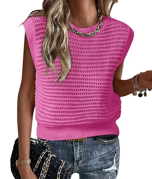 Lueluoye Women's Summer Knit Sweater Vest Hollow Out Cap Sleeve Casual Trendy Crew Neck Ribbed Pullover Tops Rose Red