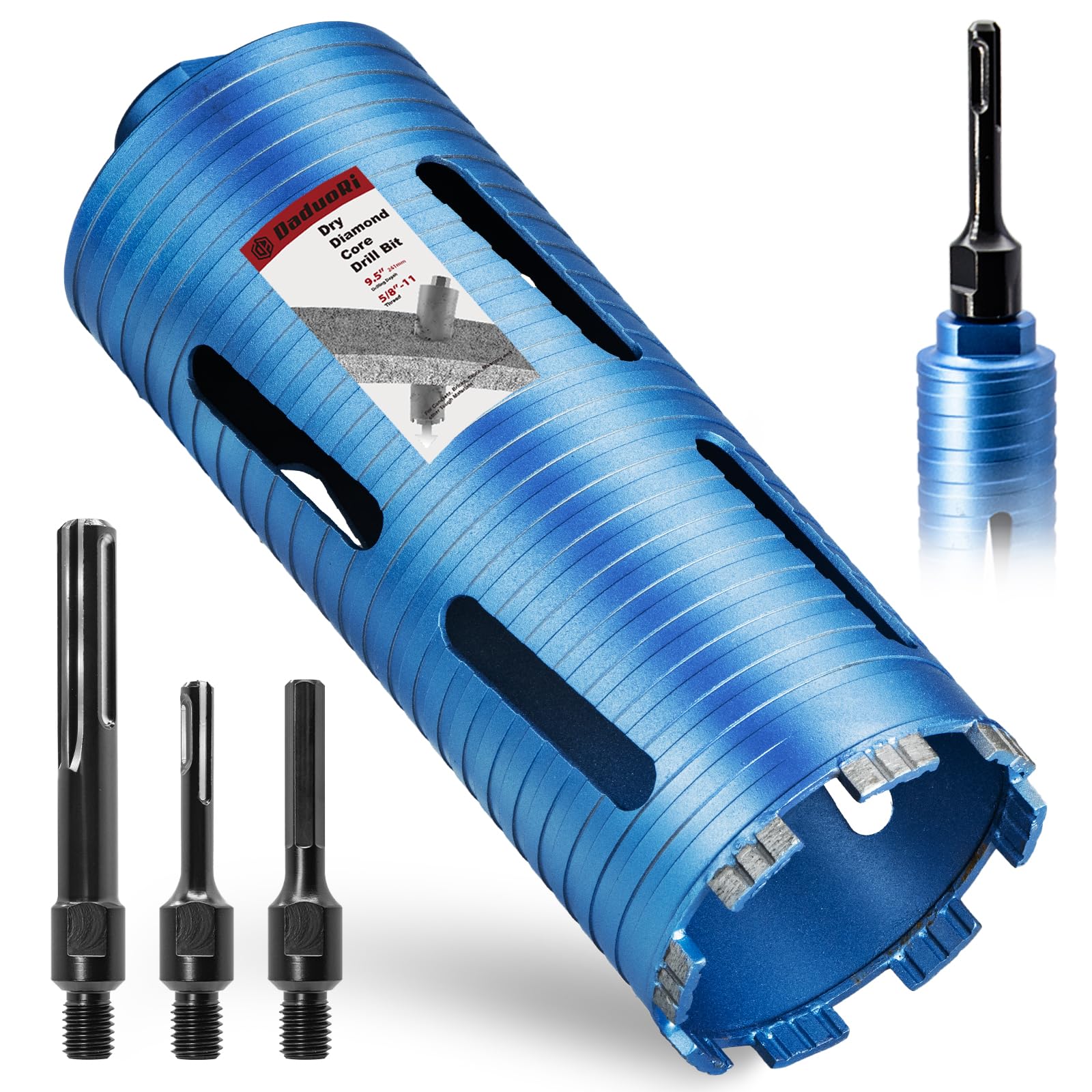 Photo 1 of DaduoRi 4" Dry Core Drill Bit, 5/8"-11 Thread, with 3 Adapters Included: SDS Plus, SDS Max and 1/2" Hex Shank - 9.5" Drilling Depth Core Bits for Brick, Block, Concrete, Stucco and Masonry(102mm)