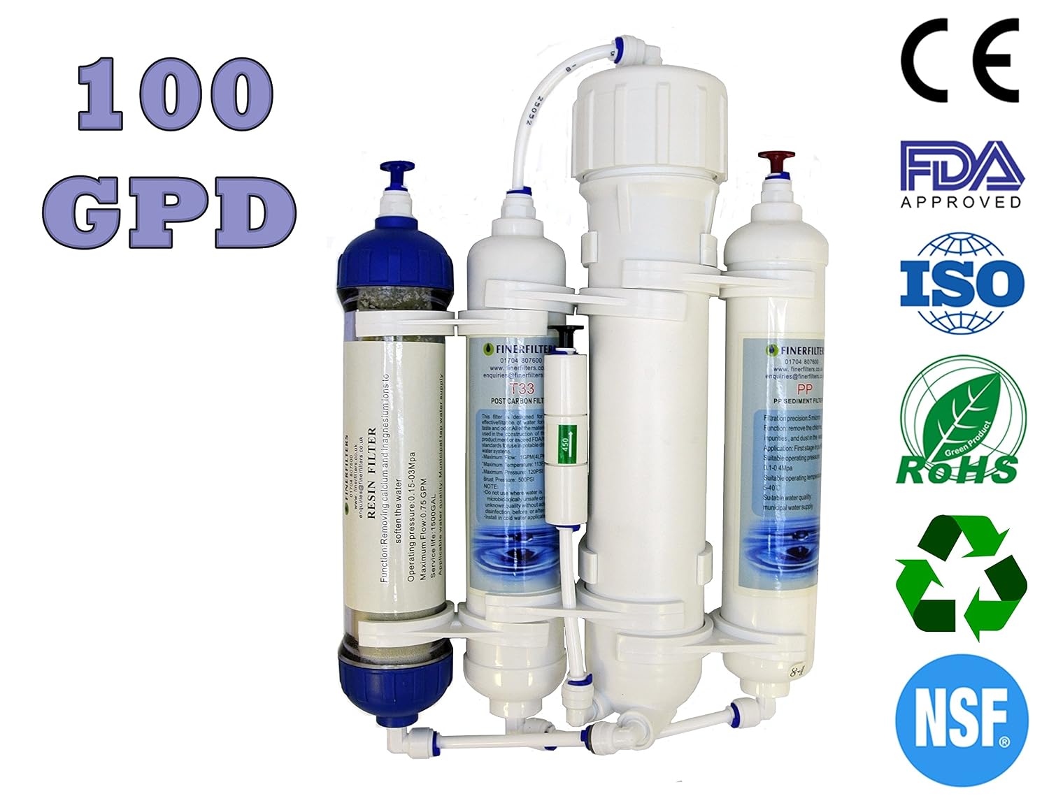 Système Osmose Inverse Finerfilters 5 étapes - Filtration Eau Sous évier 50GPD - Élimine 99% Contaminants + Pompe