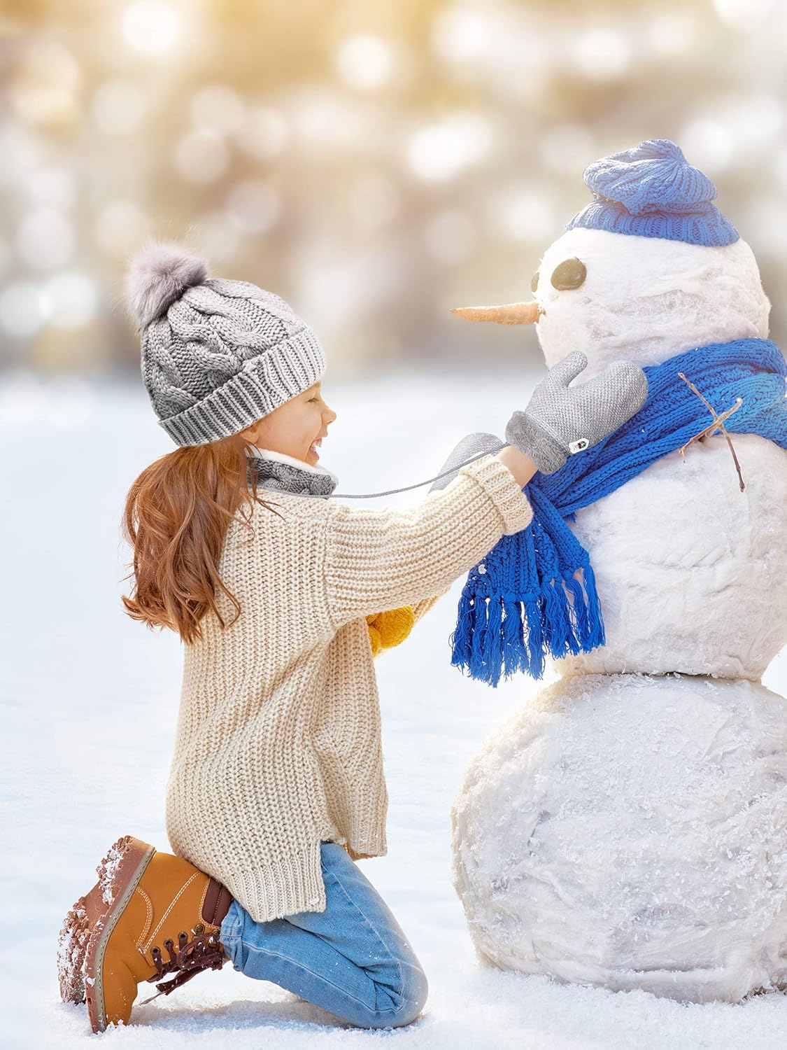 Winter Kids Hat Scarf Gloves Set Beanie Hat Thick Scarf Knit Mittens Warm Lining (Gray): Clothing