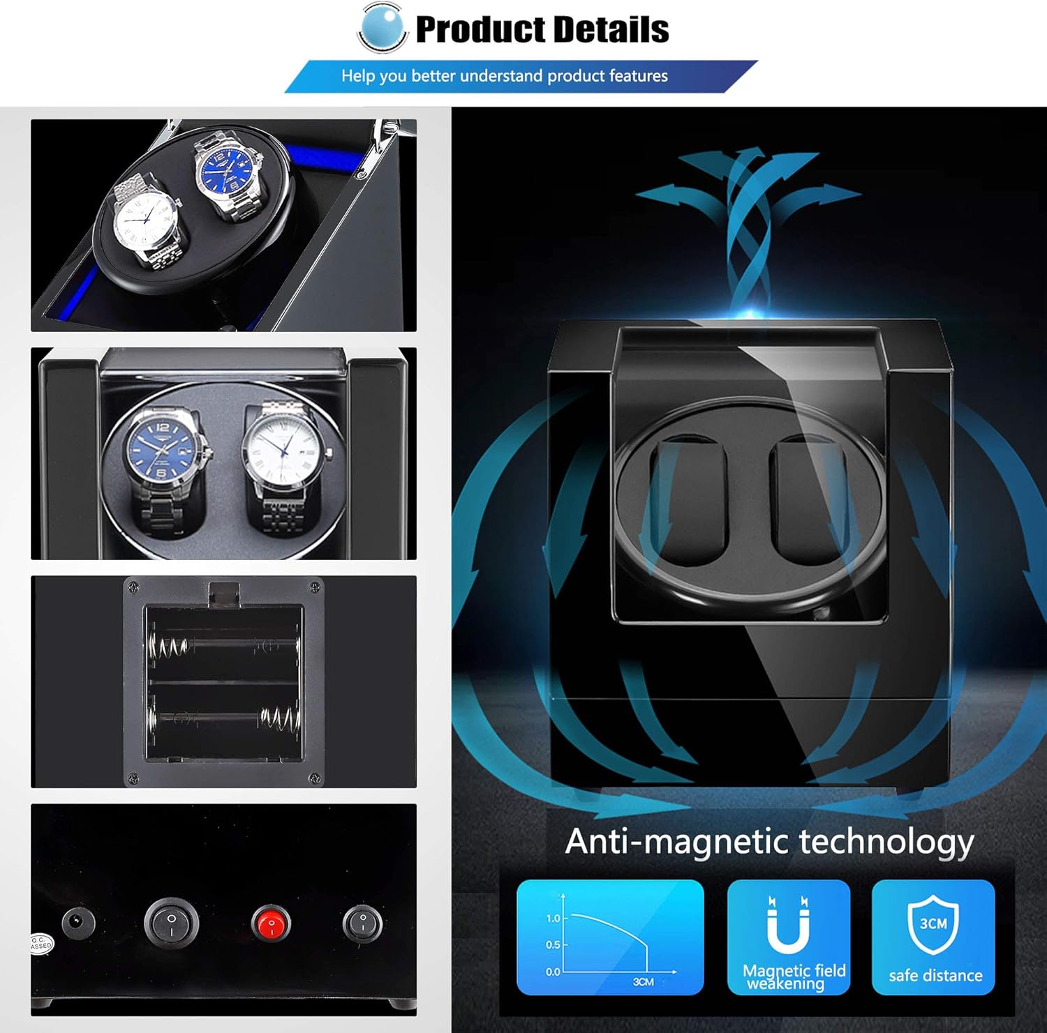NEWTRY Automatic Watch Winder Double Watches Winder Boxes with Light Quiet Motor for Watches Display for Men and Women Gift AC Adapter and Battery Powered Not Include Watches 1 pcs (Black+Black): Home & Kitchen