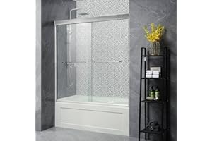 YELNA Brushed Nickel Shower Door 56-60 in.W x 57 in.H,Double Sliding Shower Door for Bathtub with Anti-Leak Design,Barn Style Semi-Frameless Bypass Tub Glass Door,1/4" Clear SGCC ANSI Tempered Glass