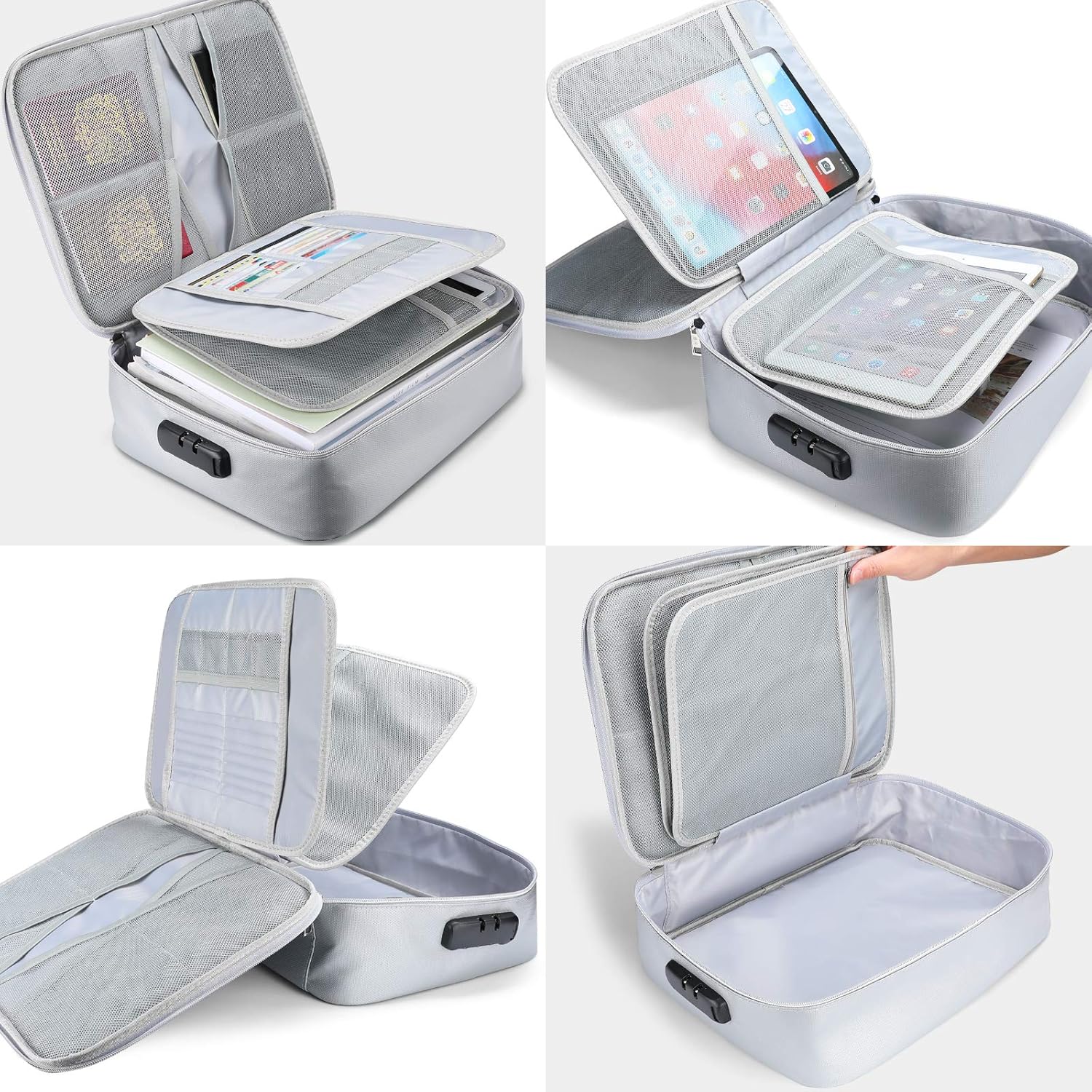 Fireproof Document Bags,15"x11"x4" IPX4 Waterproof File Organizer,Storage Pouch Firebag Safe Briefcase Style with Zipper for A4 Letter Size Document Holder,Passport,Cash,Tablet and Valuables (Silver): Office Products