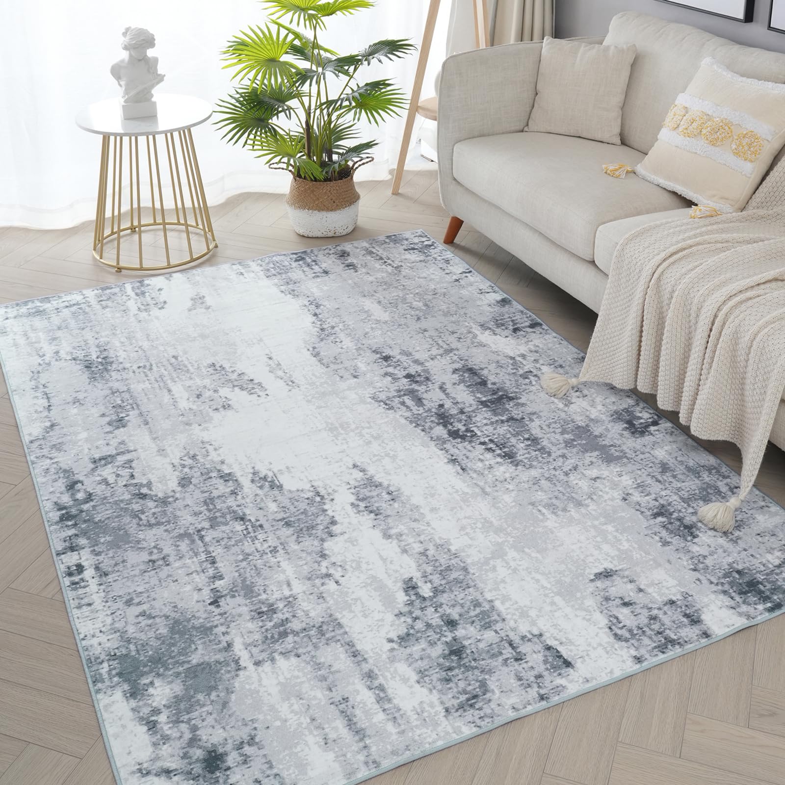Photo 1 of BRICHOEE Modern Abstract Runner Rug, Soft Abstract Distressed Area Rugs for Kitchen/Hallway/Dining Room, Low Pile Carpet Floor Mat 4x6', Grey Color