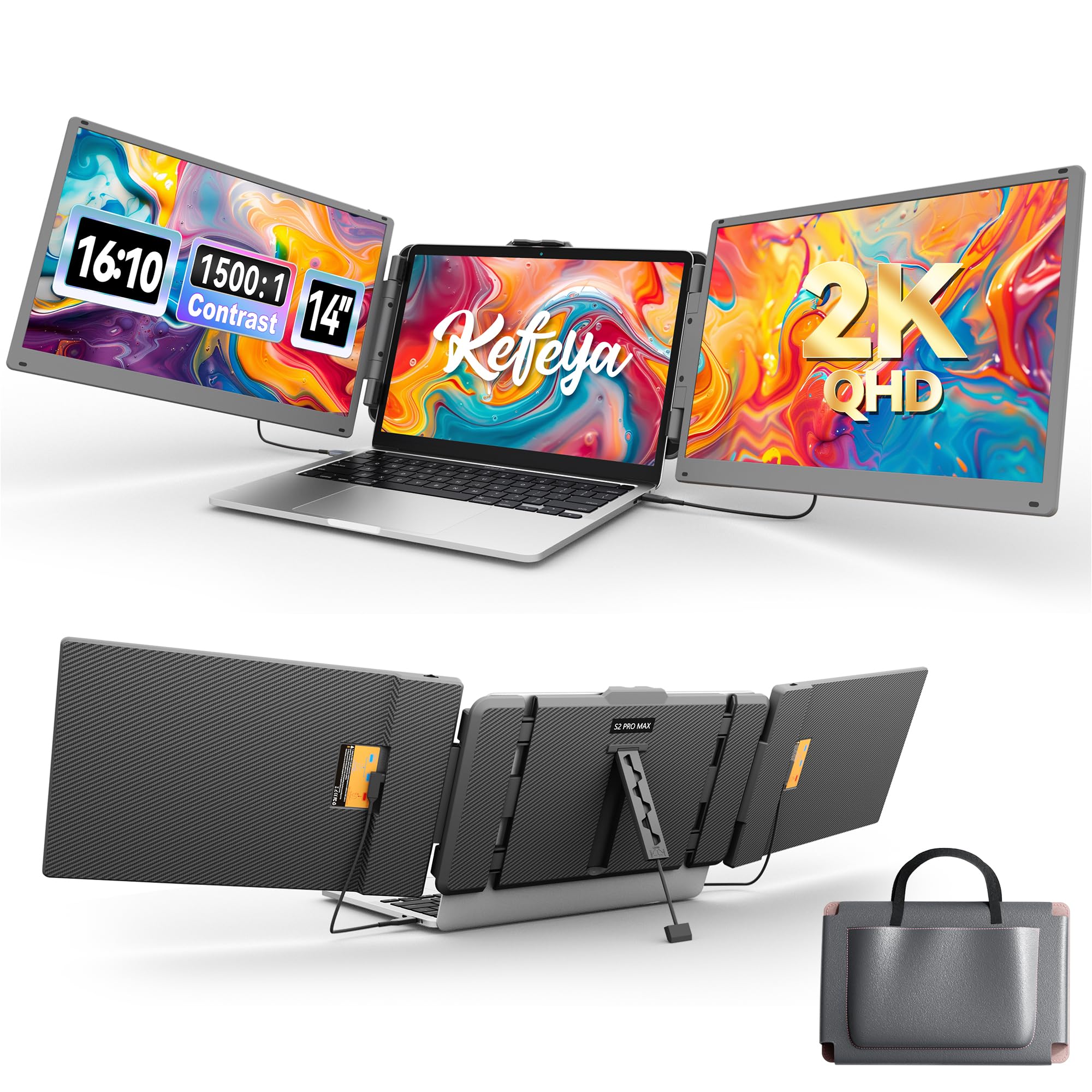 KEFEYA 2K Laptop Bildschirm Erweiterung 2160 x 1440P FHD, 14'' Laptop Monitor Erweiterung HDMI/USB-A/Type-C Triple Portable Monitor für Laptop Kompatibel 13"-17,3" Mac Window Chrome