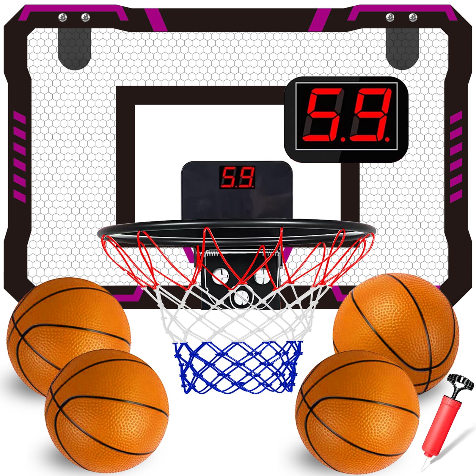 TEUVO Indoor Basketball Hoop for Kids, Mini Basketball Hoop for Door with Automatic Scoring 4 Balls Basketball Toys for Wall Mounted Outdoor Bedroom Toy Gifts for Age 3 5 6 7 8 9 10 12 Year Old Boys