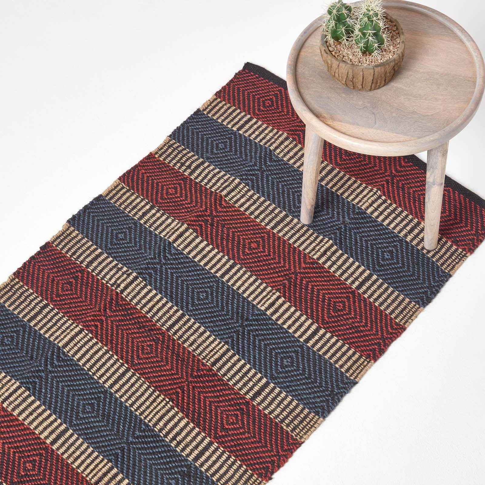 HOMESCAPES Modern Jute Floor Runner Rug Red, Blue and Black Striped Geometric Design 66 x 200 cm Heavy Duty Suitable for Halls, Living Rooms or Conservatories โ image 1