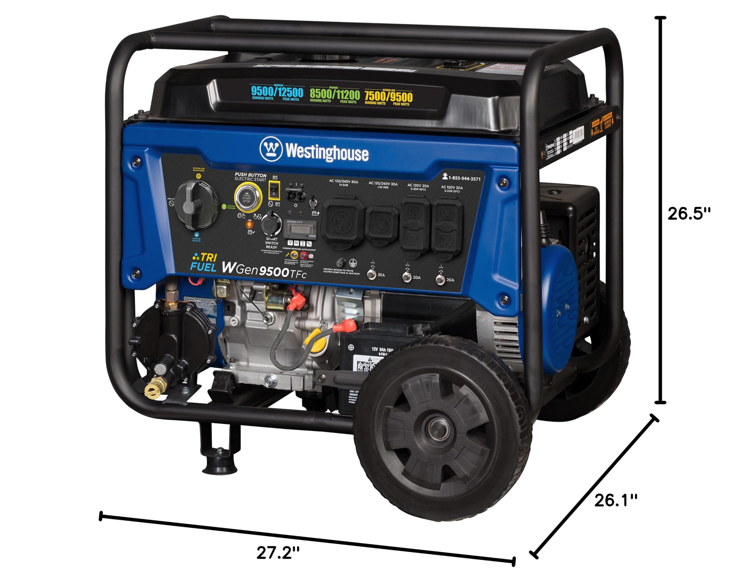 Westinghouse 12500 Peak Watt Tri-Fuel Home Backup Portable Generator, Remote Electric Start, Transfer Switch Ready, Gas, Propane, and Natural Gas Powered