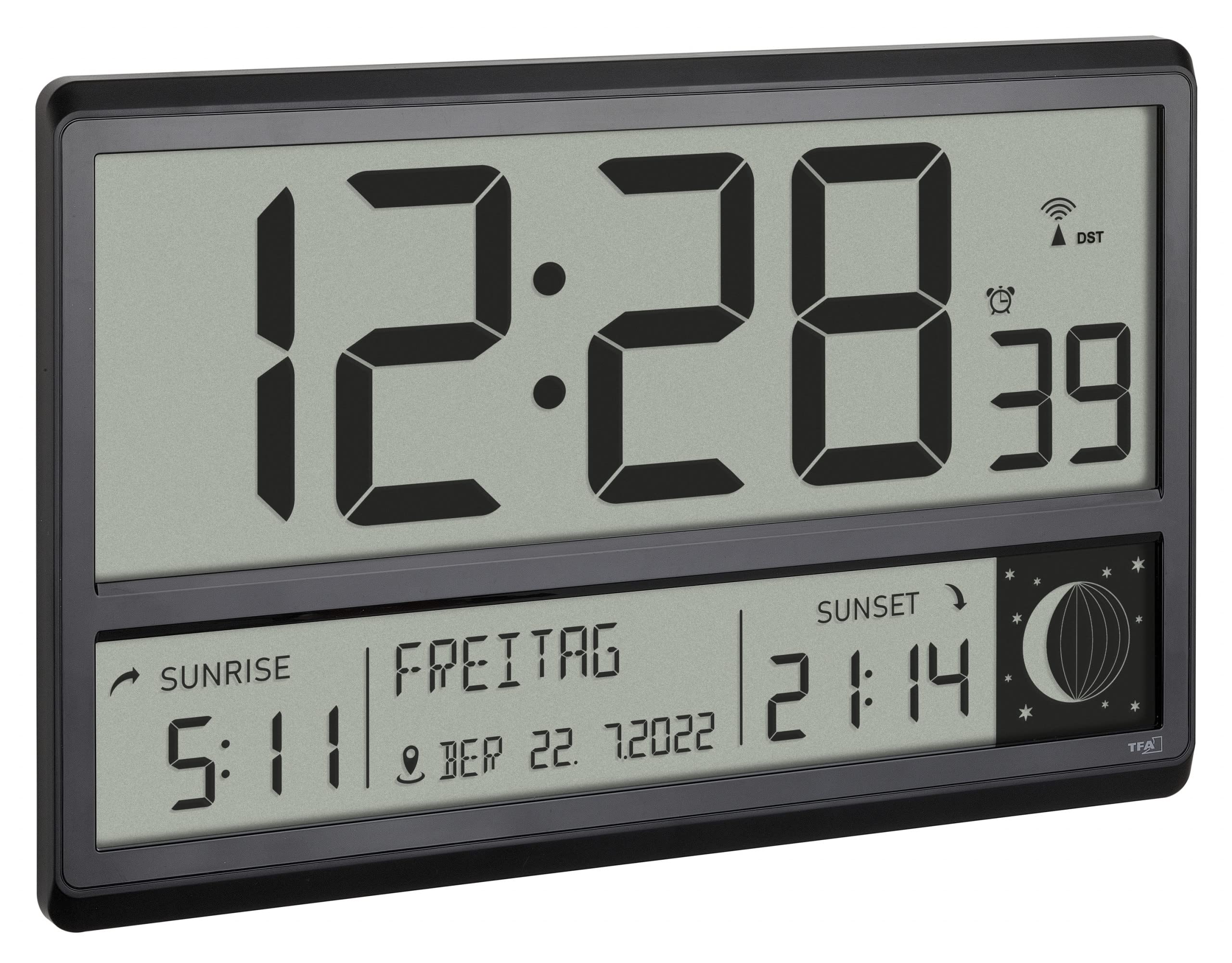 TFA Dostmann Digital XL Radio Controlled Wall Clock with Sunrise and Sunset Alarm Large Digits Moon Phase Silent Black 60.4524.01