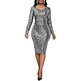 VERWIN Sequins Bodycon Dress V-Neck Midi Dress Long Sleeve Prom Dress Party Cocktail Dress
