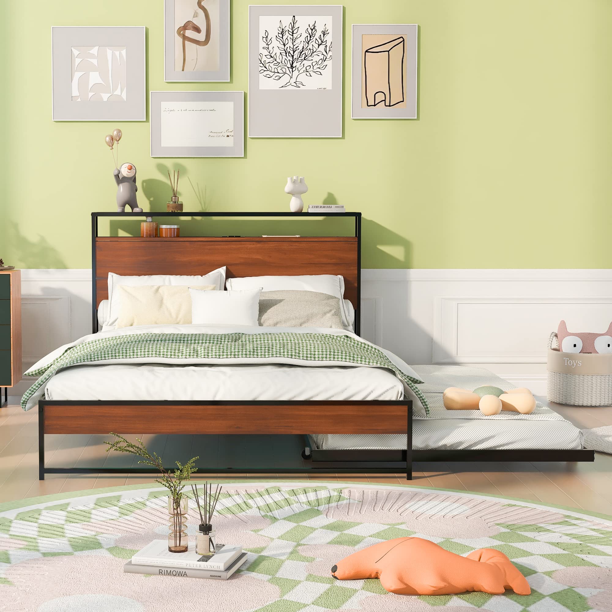 Photo 1 of ** USED** HomSof Full Size Metal Platform Bed Frame with Trundle, USB Ports and Slat Support,No Box Spring Needed Black