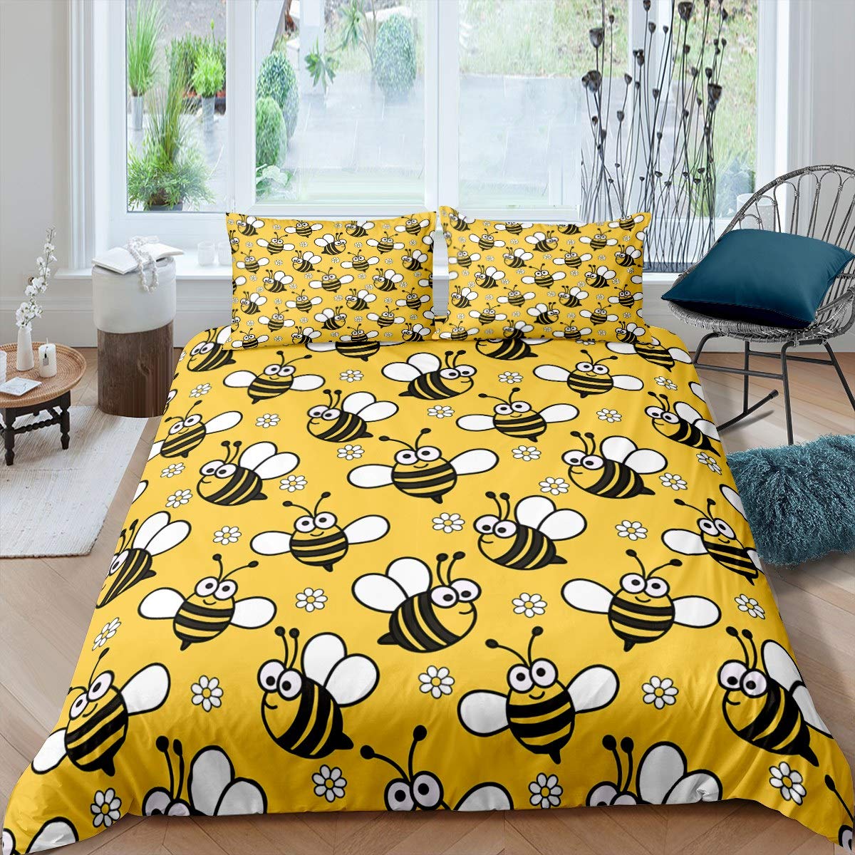 Animal Bee Duvet Cover for Kids Boys Girls, Beehive Comforter Cover, Bee Pattern Bedspread Cover Yellow Bedding Set with Zipper Closure King Size Cute Lovely Animal Bed Cover